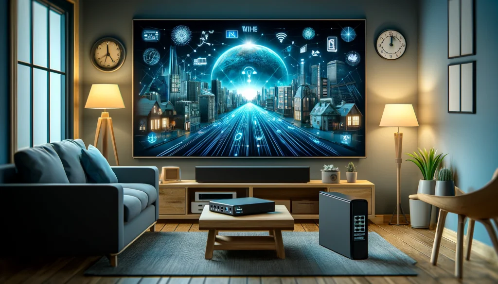 DALL·E 2024 04 26 12.50.04 Create a wide landscape image representing the optimization of a home network for IPTV streaming. The image should depict a modern living room setting