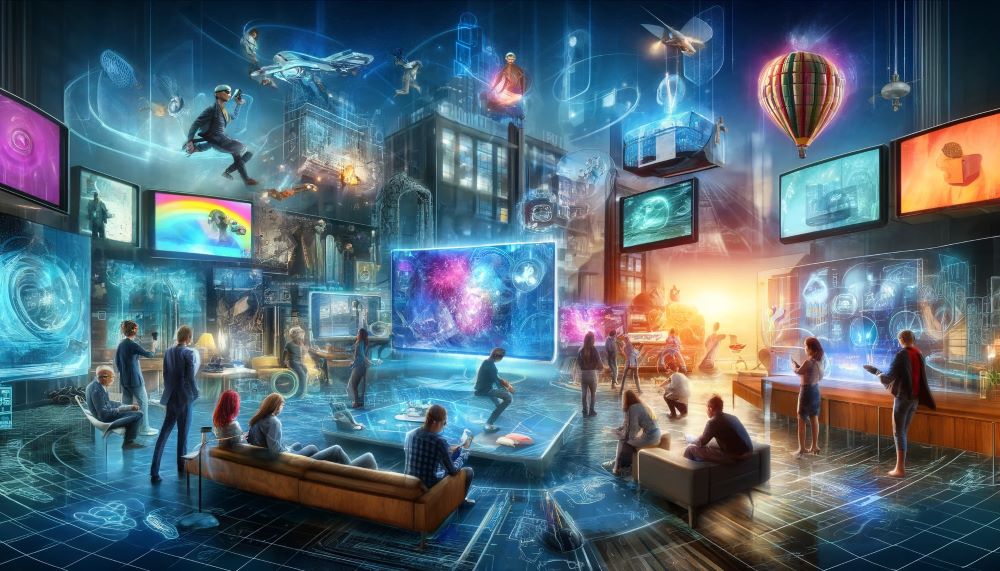 DALL·E 2024 04 26 12.58.28 An artistic depiction of future television technology showing a diverse group of people engaging with advanced IPTV services. The scene includes a mo Custom